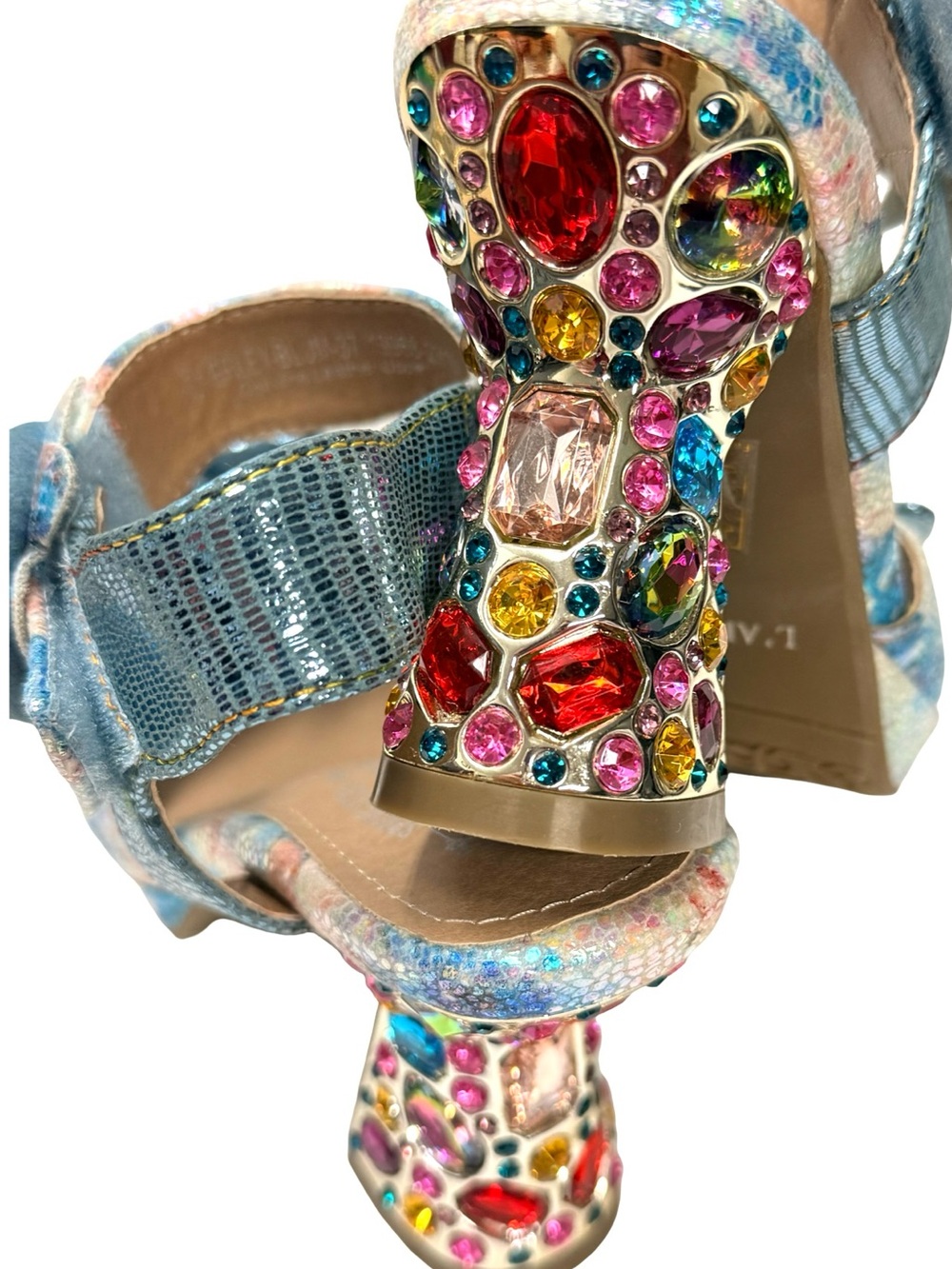 L'ARTISTE Smashing Blue Floral Sandal Multicolor Jeweled Block Heel - Picture 8 of 13